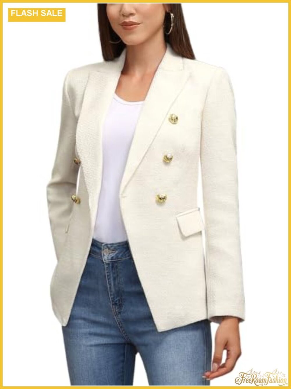Women's Double Breasted Blazer Peaked Lapels Tweed Office Suit Jacket Lined